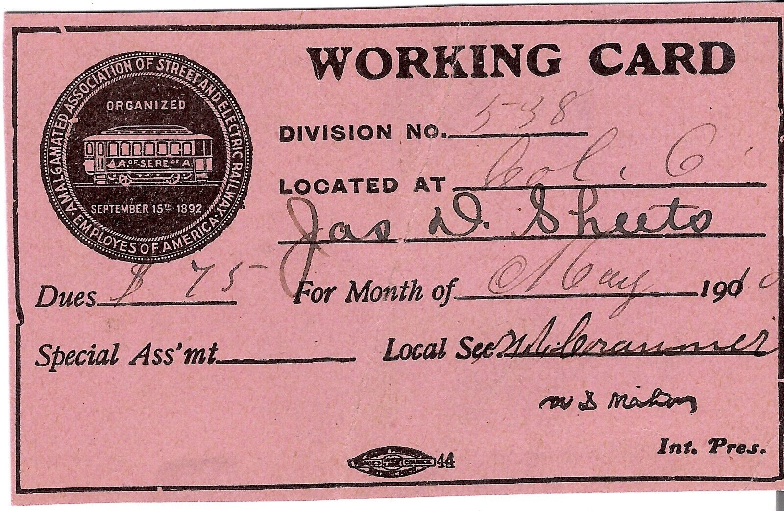 1910 Vintage Union Work Card - Amalgamated Assoc of Streetcar & Elec RR - RARE