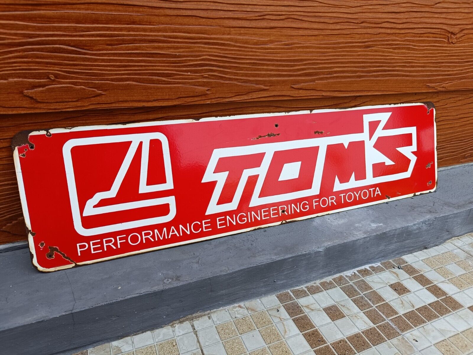 VINTAGE TOYOTA TOM\'S PORCELAIN GAS AUTOMOBILE SERVICE WORKSHOP RACING SIGN