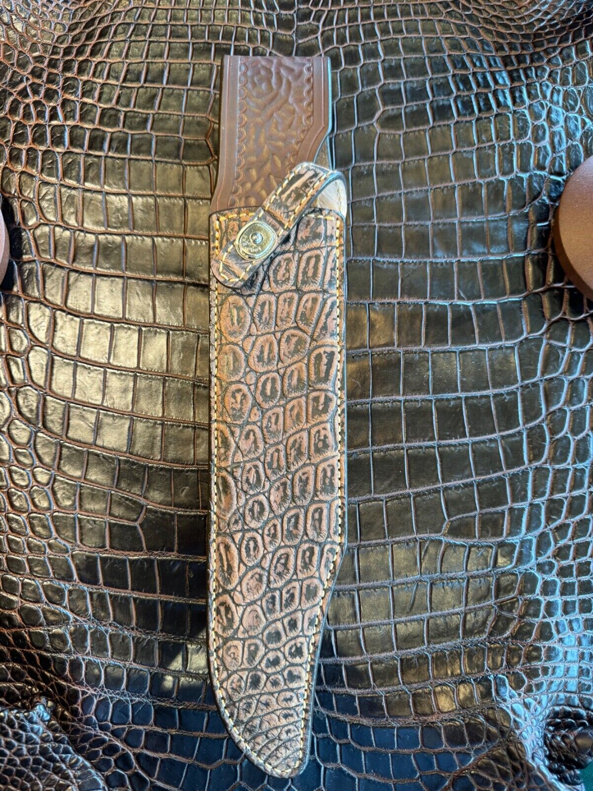 Custom Randall Knife Sheath in Brown Sueded  Crocodile Croc 12-11 Confederate