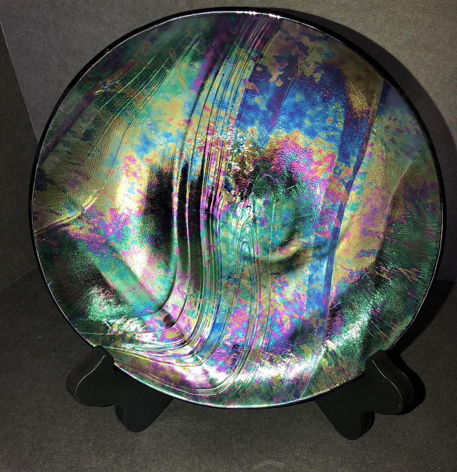 vintage Signed Iridescent Glass Plate, Amingo glass plate 7 1/2”