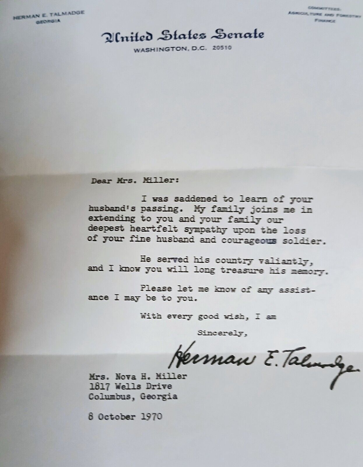 US Senator Herman Talmadge - Signed Autograph - Georgia - 1970 Condolences 