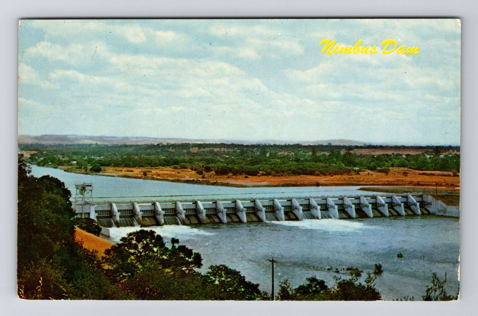 Nimbus Dam CA-California Scenic View Dam with Forest c1967 Vintage Postcard