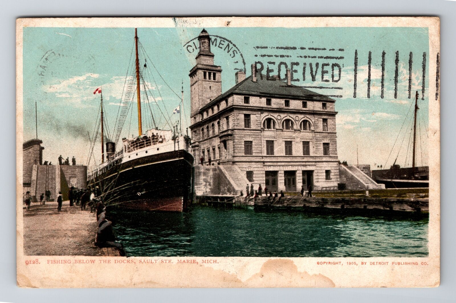 Sault Ste. Marie MI-Michigan Fishing Below the Docks Ship c1905 Vintage Postcard
