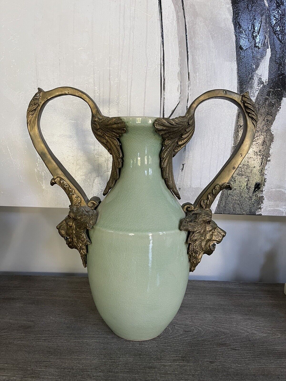 Vintage Heavy tall green porcelain vase with bronze lion head design handle 15”