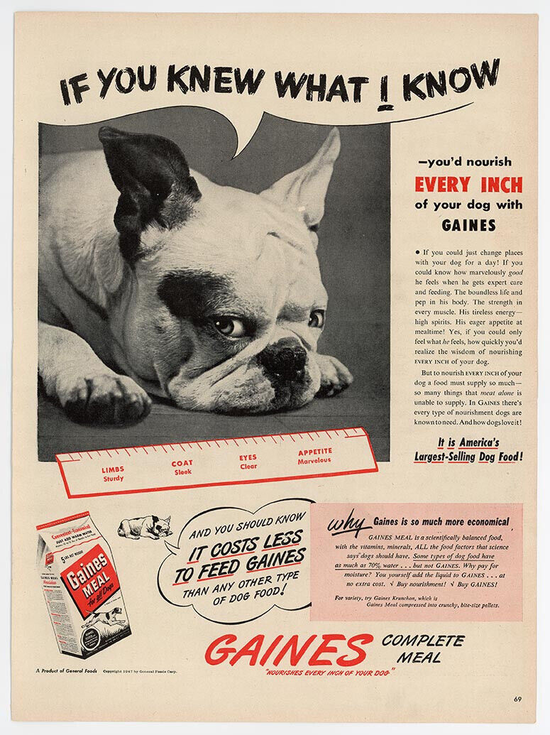 Print Ad 1947 Gaines Dog Food — Boston Terrier Bulldog Pug Pets Midcentury 1940s