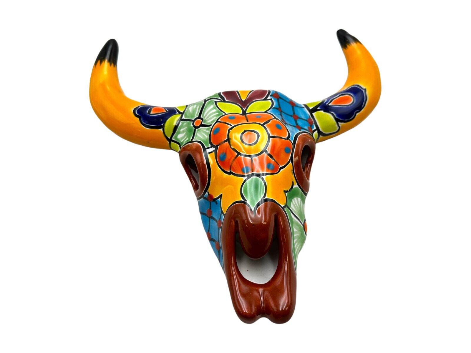 Talavera Cow Skull Mexican Pottery Folk Art Home Decor Southwest Multicolor 11\