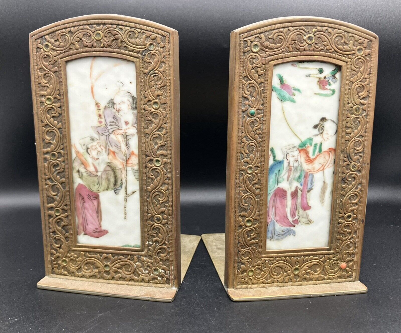 2 Antique/VTG Asian Painted Porcelain Plaque Tiles in Bronze Brass Bookends