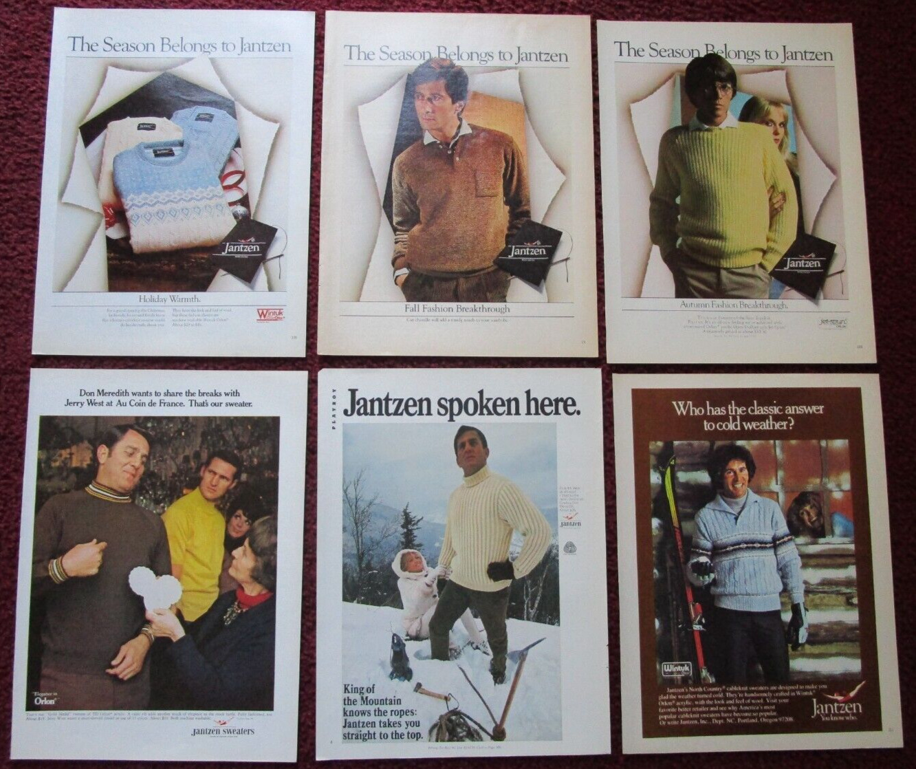Lot of 6 Diff JANTZEN Men\'s Sweaters Print Ads ~ Don Meredith, Jerry West +++