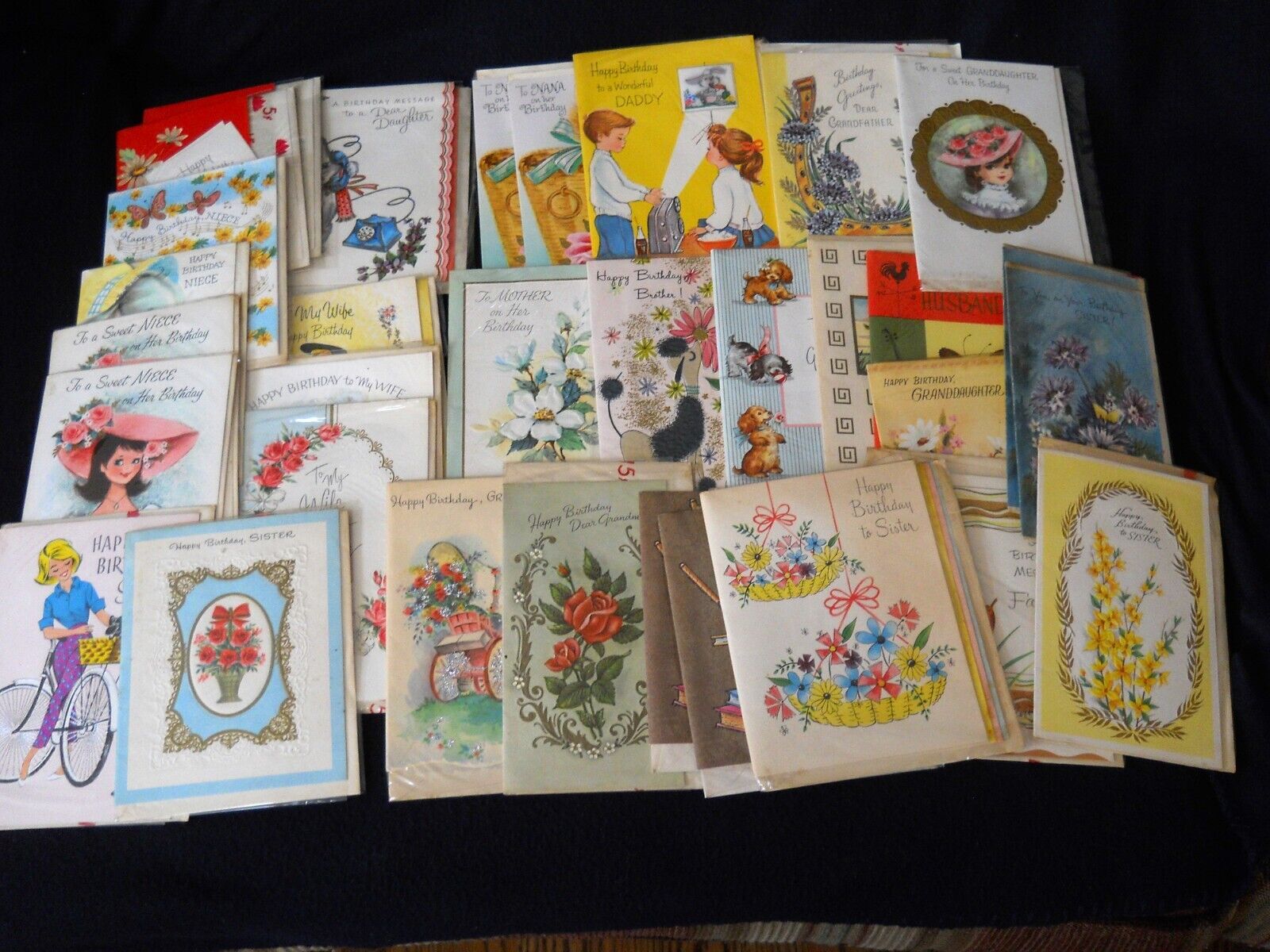 34 Vintage FAMILY Birthday Greeting Cards in Original Wrappers / Unused