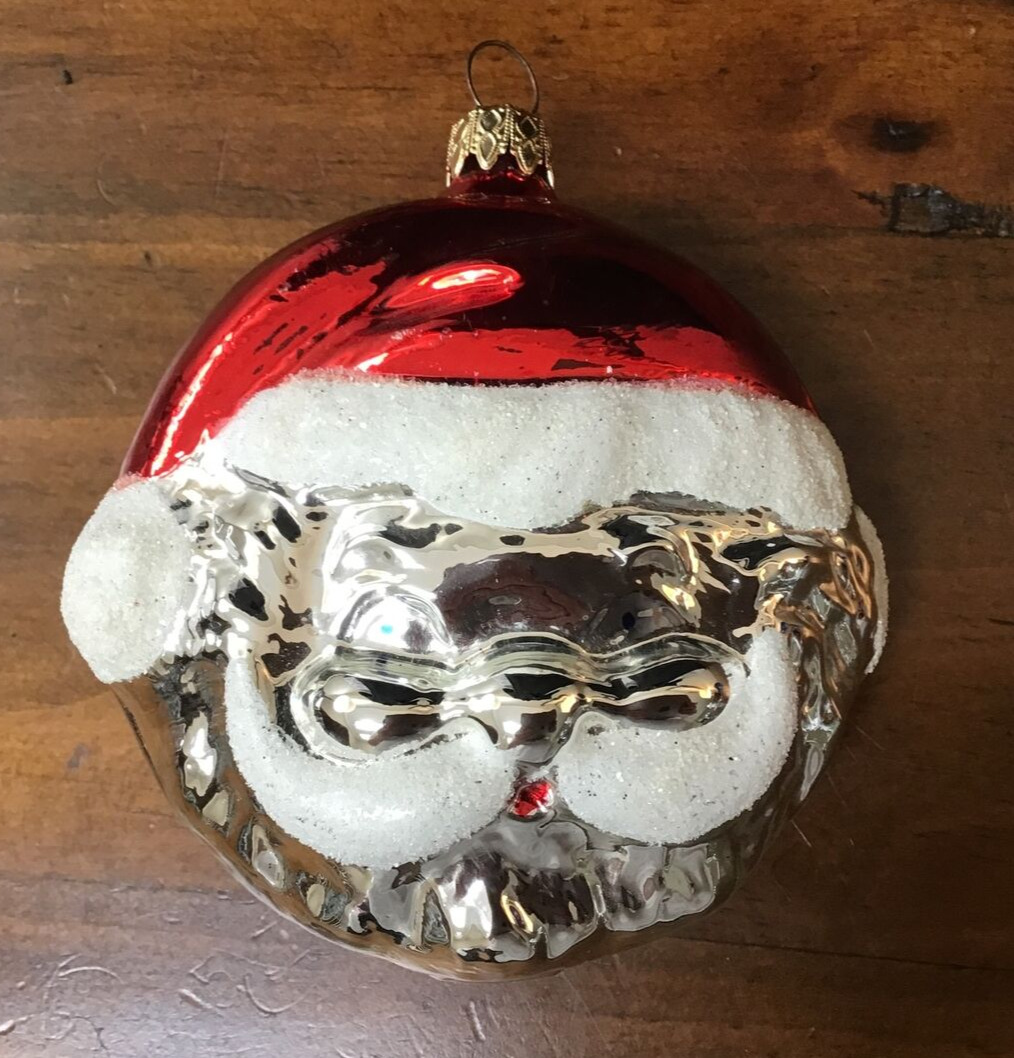 Vintage Blown Glass Santa Claus Face Head Double Sided Christmas Ornament 4\
