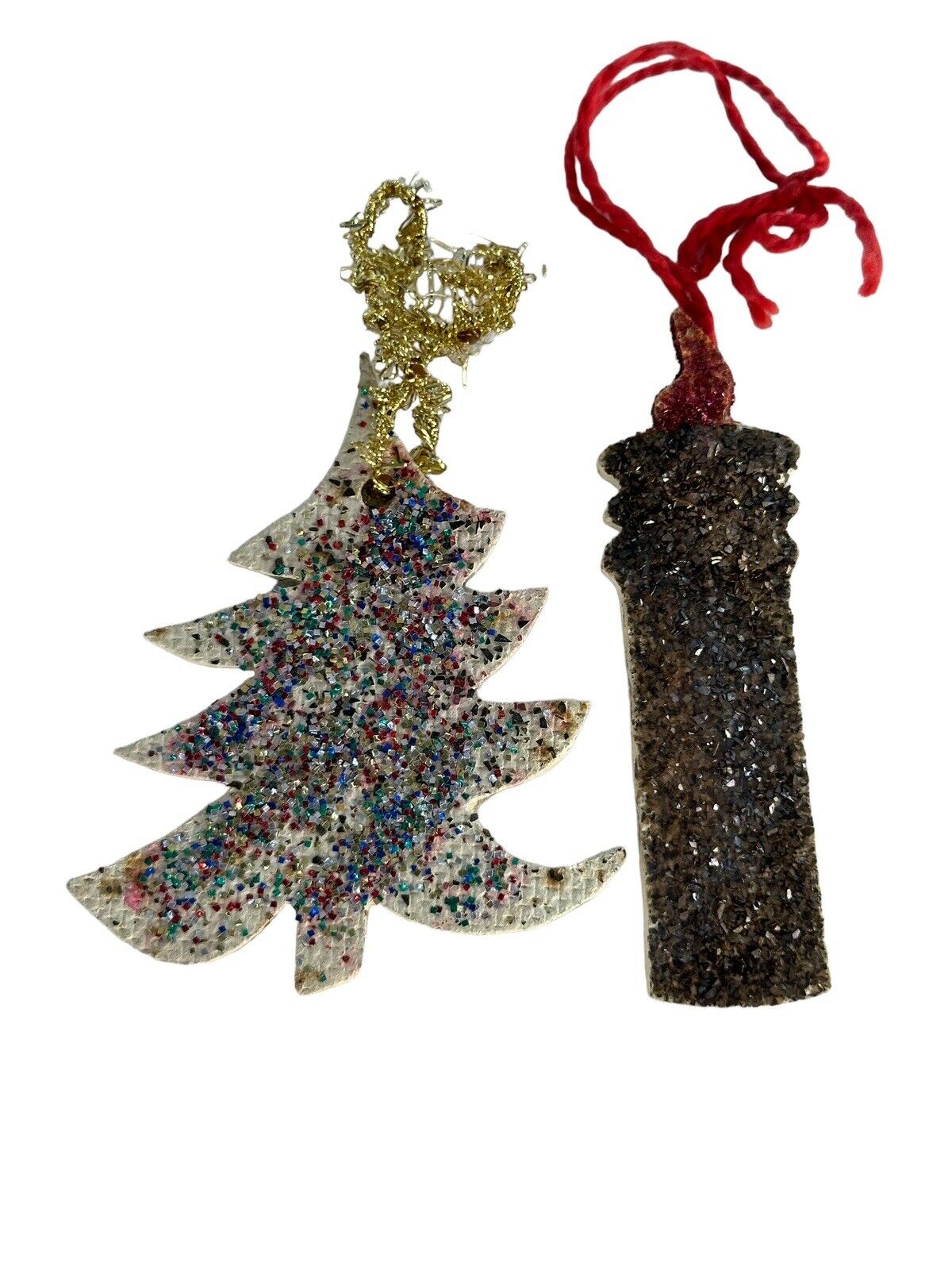 (2) 1960s Chunky Glitter Christmas Ornaments Tree & Candle Wood Handmade Vintage
