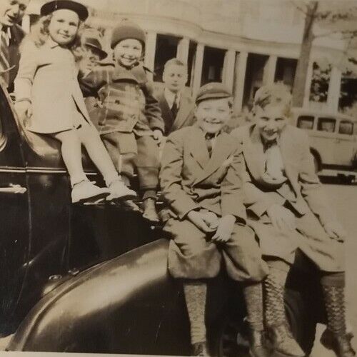 1938 Boys Girl Pose on Car 1312 54th Street Brooklyn, NY Vintage Family Photo