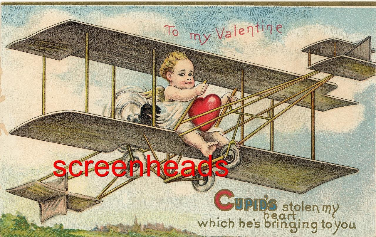 C1910 EMBOSSED Winsch Schmucker Valentine's Day Postcard CUPID FLYING BI-PLANE