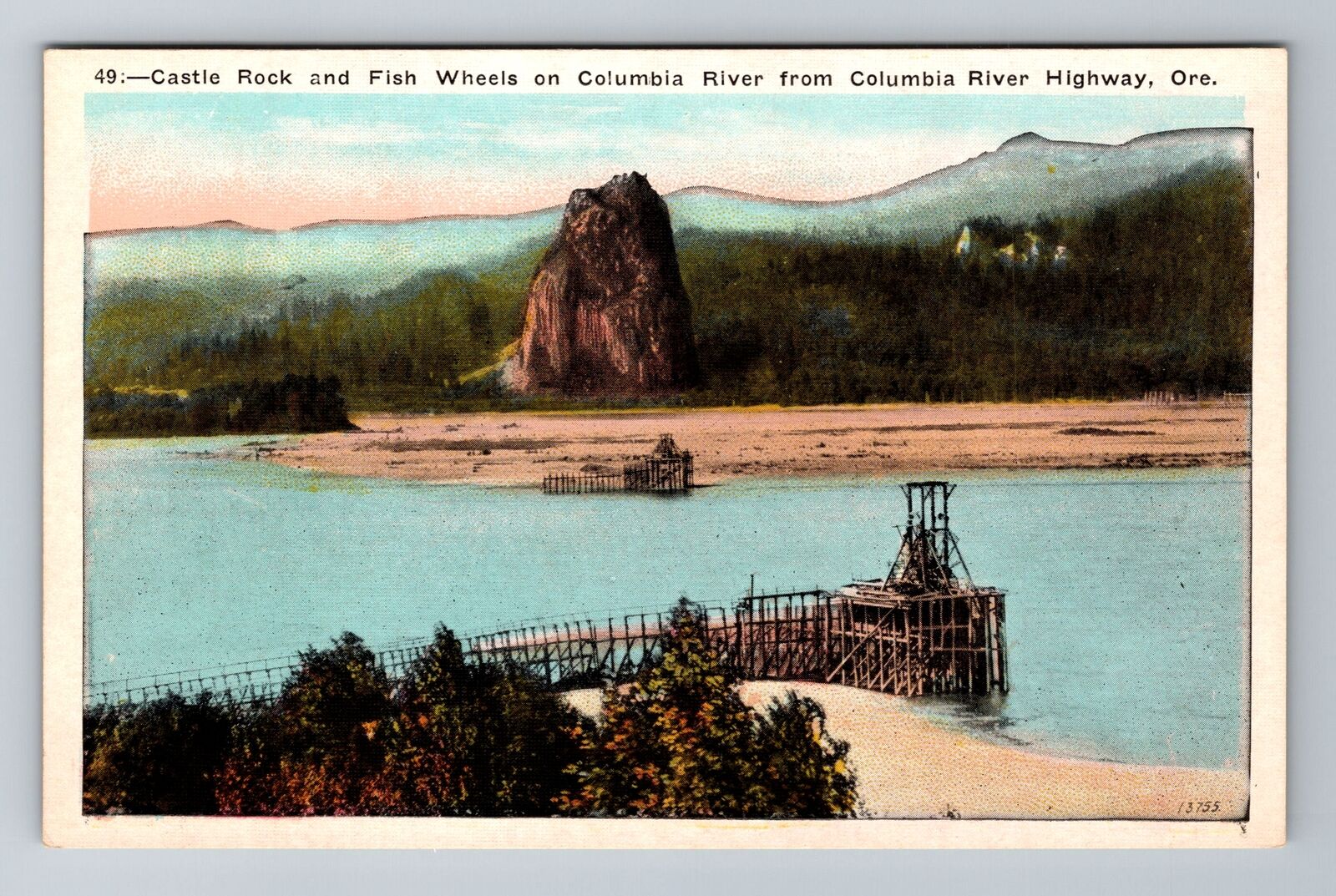 Columbia River OR-Oregon, Castle Rock And Fish Wheels On River Vintage Postcard