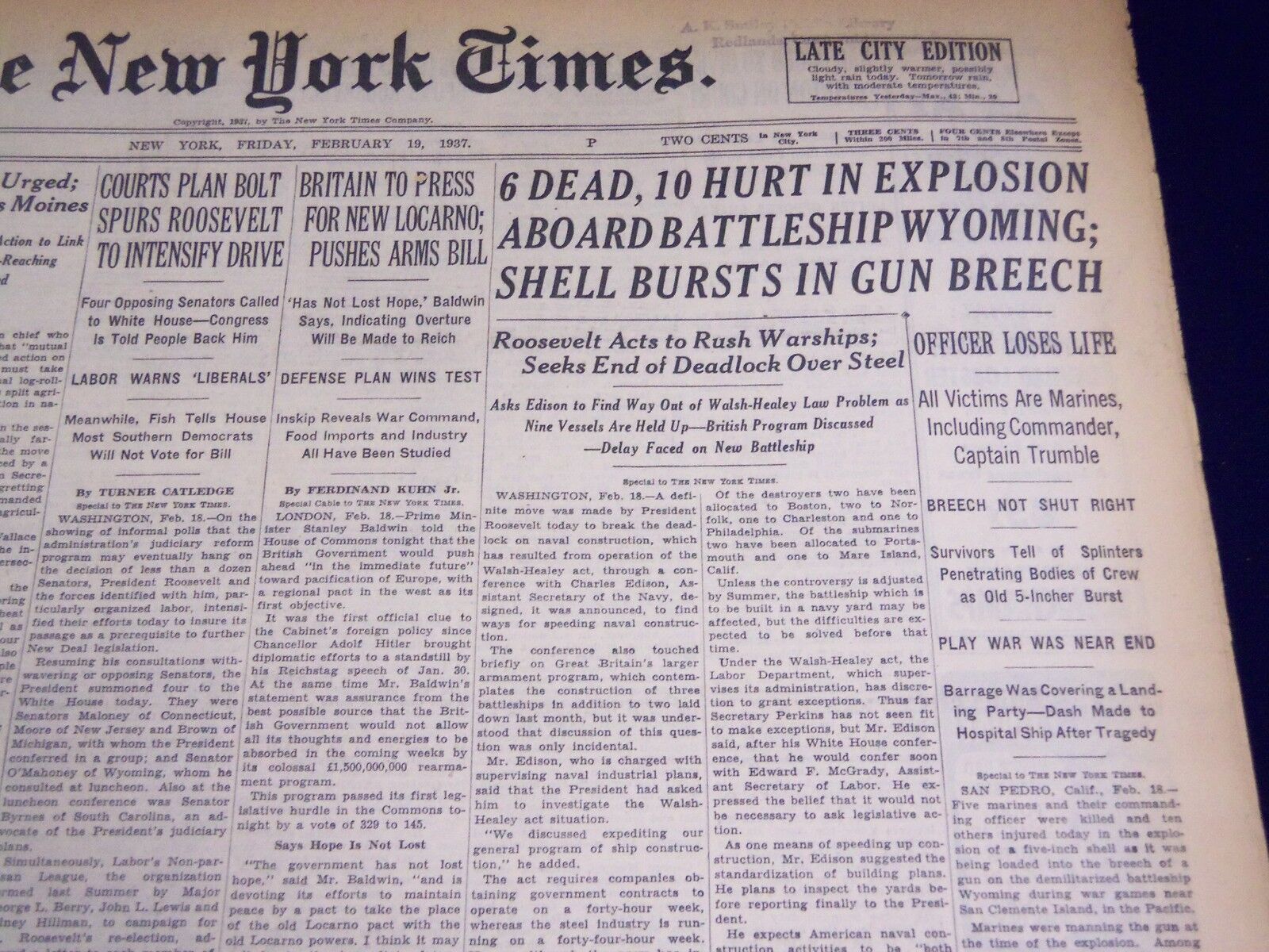 1937 FEB 19 NEW YORK TIMES - 6 DEAD, 10 HURT IN EXPLOSION ON WYOMING - NT 1296