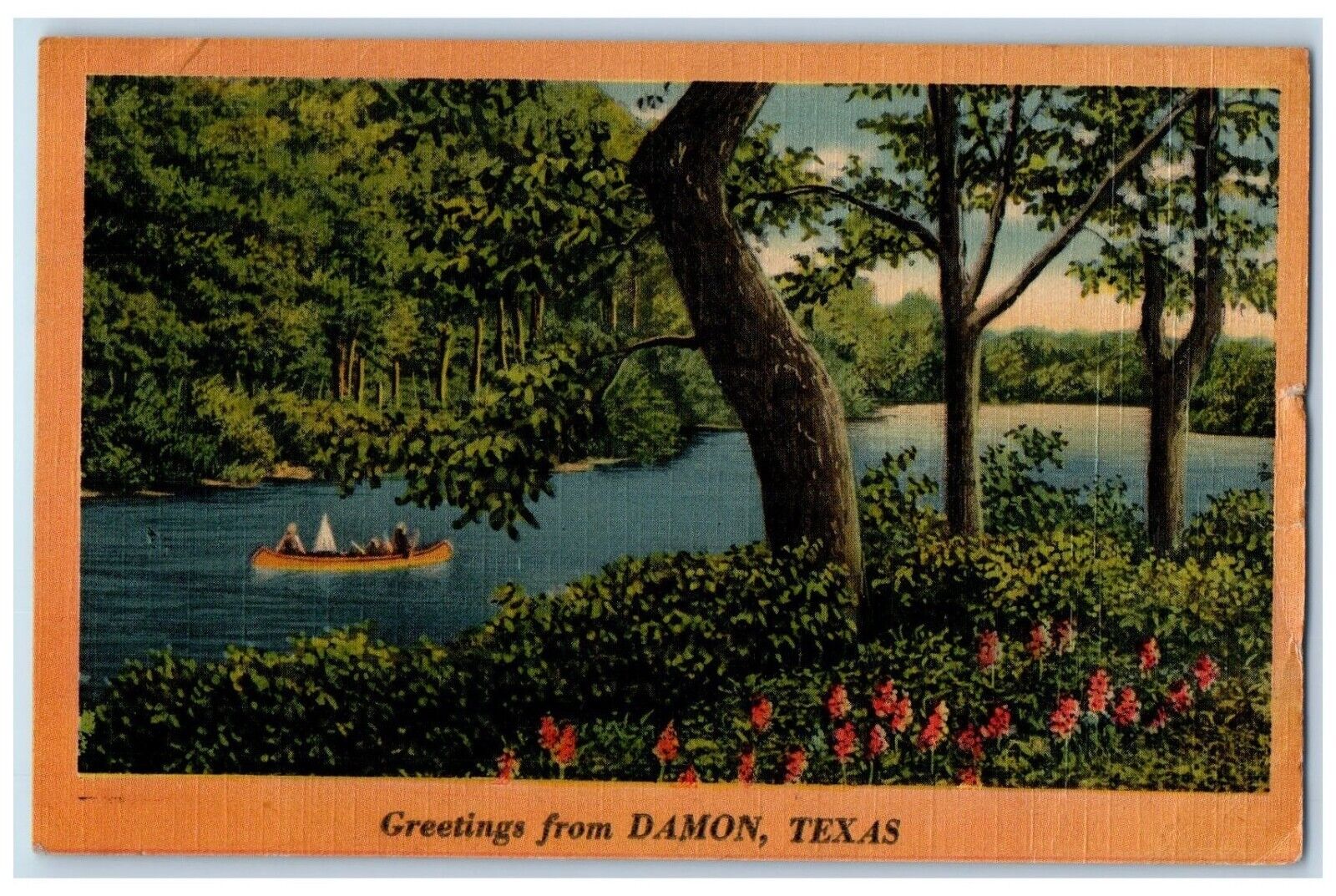 1943 Greetings From Damon Texas TX, River Canoeing View Posted Vintage Postcard