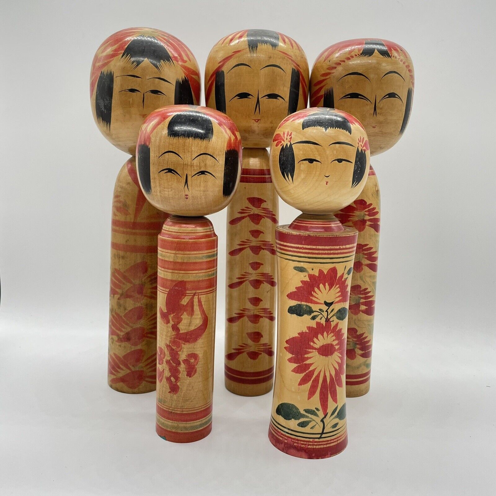 Vintage Kokeshi dolls lot  Japanese  5 wooden dolls Bulk KS003 All Signed Art