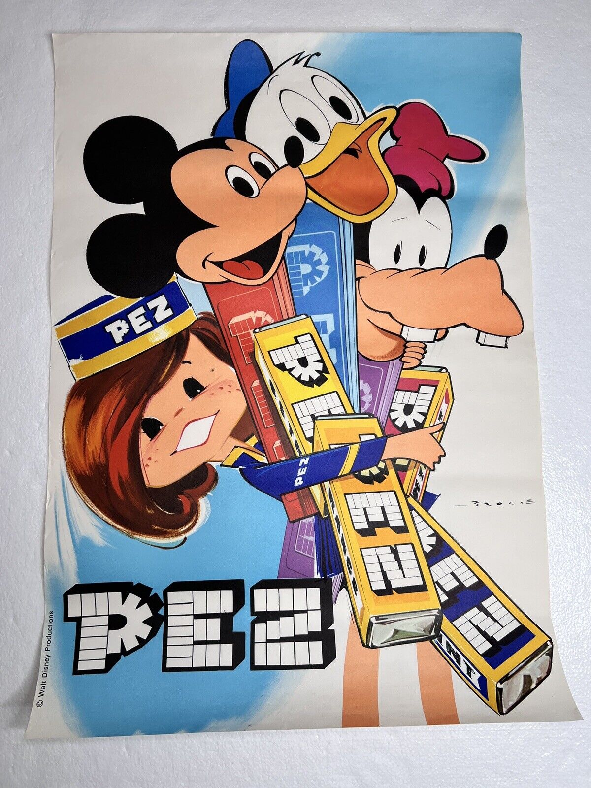 Vintage Walt Disney Poster Rare PEZ Mickey Donald Goofy Girl 23 X 33