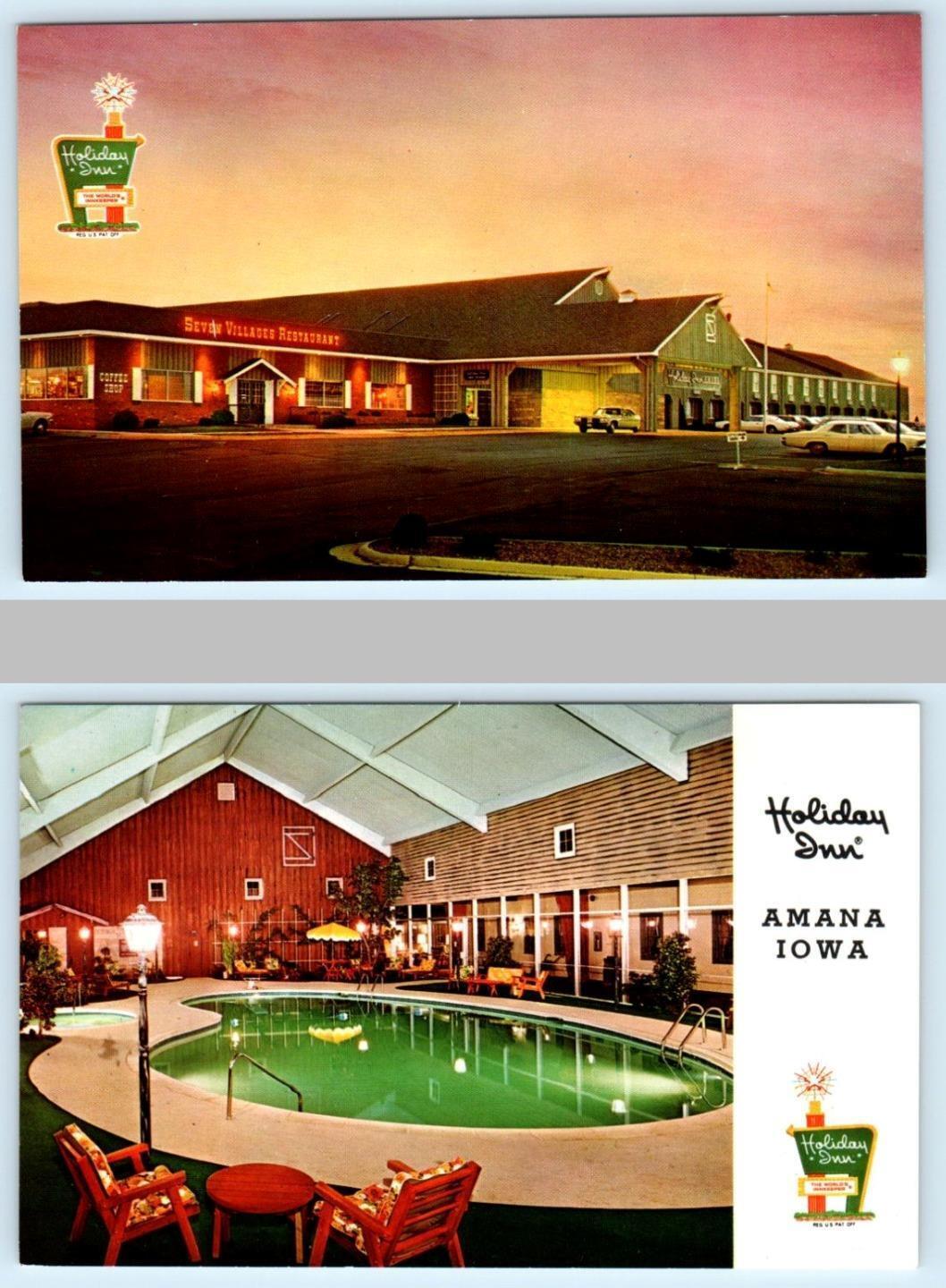 2 Postcards AMANA, Iowa IA ~ Roadside HOLIDAY INN Indoor Pool & Sunset c1970s