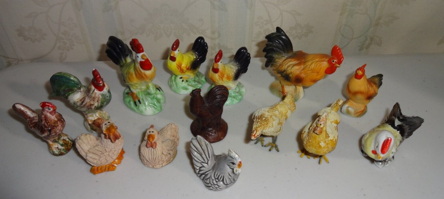LOT OF 14 MINIATURE ROOSTER & CHICKEN FIGURINES ~ CHINA JAPAN ITALY + UNKNOWN