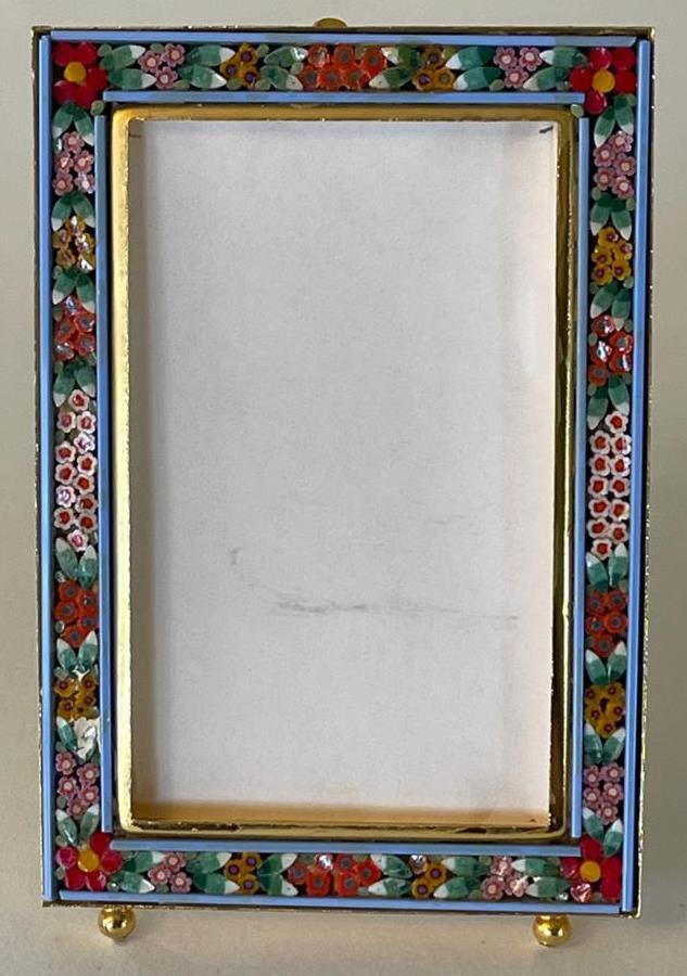 Vintage Miniature Italian Mosaic Gold Tone Picture Frame Floral Gold Easel