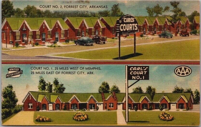 FORREST CITY, Arkansas Postcard CARL\'S COURTS / No. 1 & No. 2 - MWM Linen c1950s