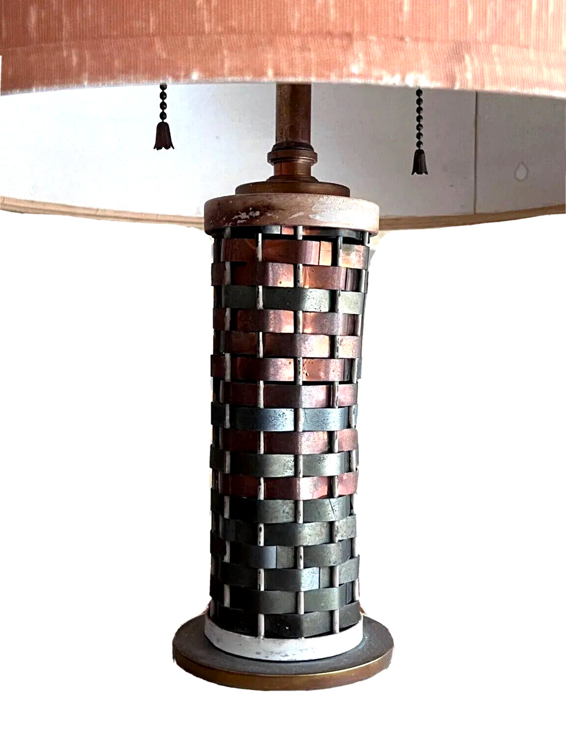 Sandel Art Deco Machine Age Woven Metal Copper Desk Table Lamp Vtg