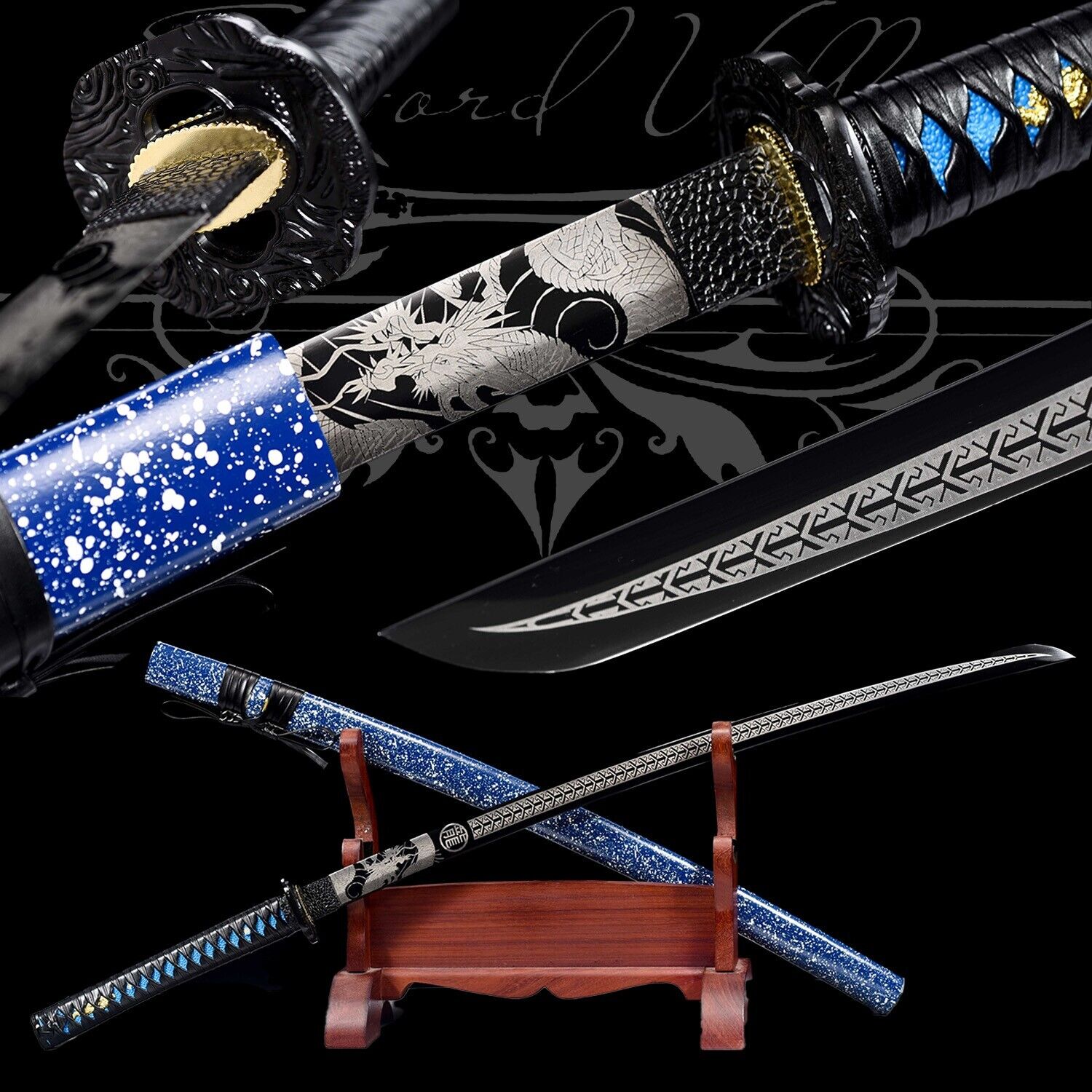 Handmade Katana/Carbon Steel/Samurai Sword/Blue/Fighting Master/Sharp/Full Tang