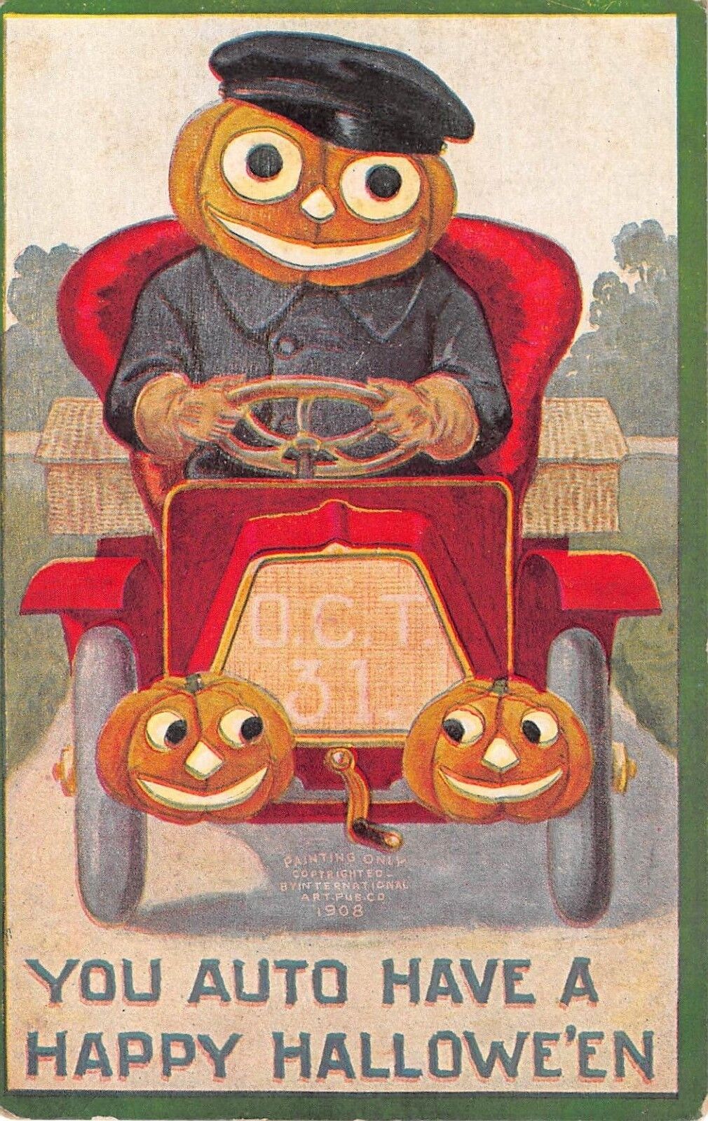 1908 unsgd. Wall ? Jack O Lantern Headed Man Driving Car Halloween post card