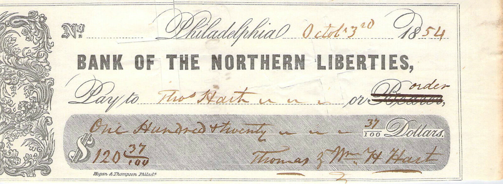 1854 PHILADELPHIA NORTHERN LIBERTIES BANK HEIRLOOM AUTOGRAPH THOMAS HART