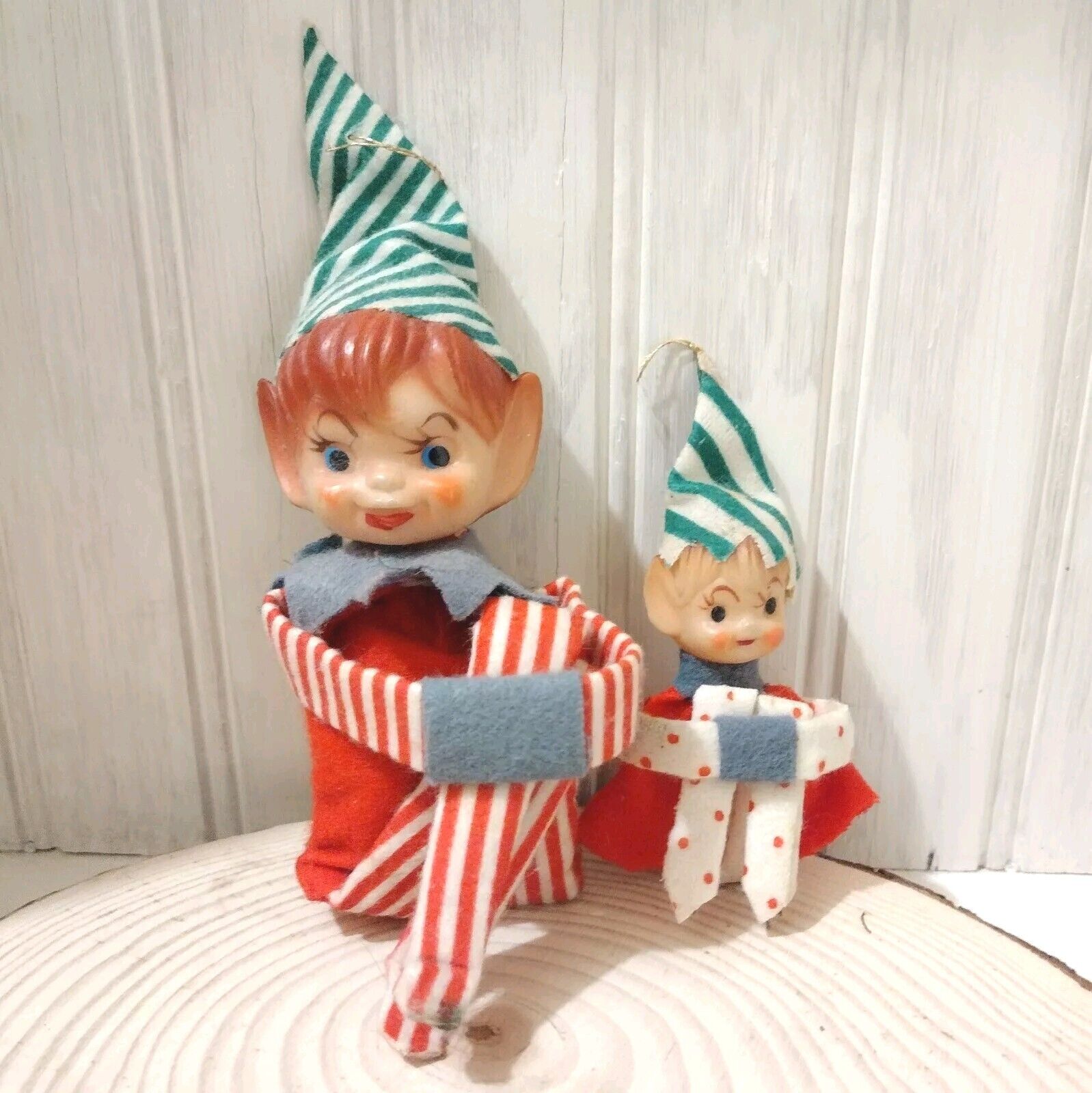 Vintage Pixie Elf Knee Huggers Christmas Red Green Striped Polka Dot Set Of 2