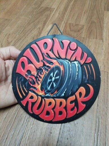 Open Road BURNING RUBBER Distressed Round Tin Sign 6-3/4” MUSCLE CARS