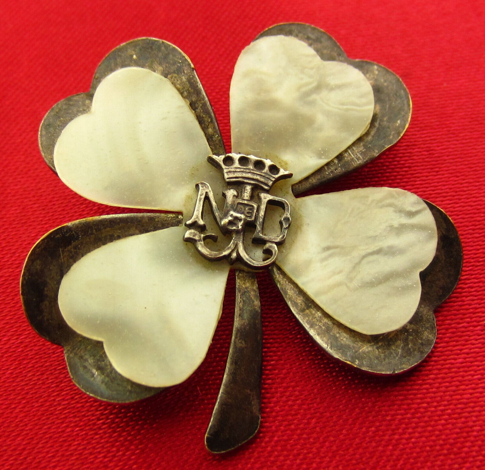 Vintage OUR LADY Pin NOTRE DAME Clover Shamrock Celluloid French Pin