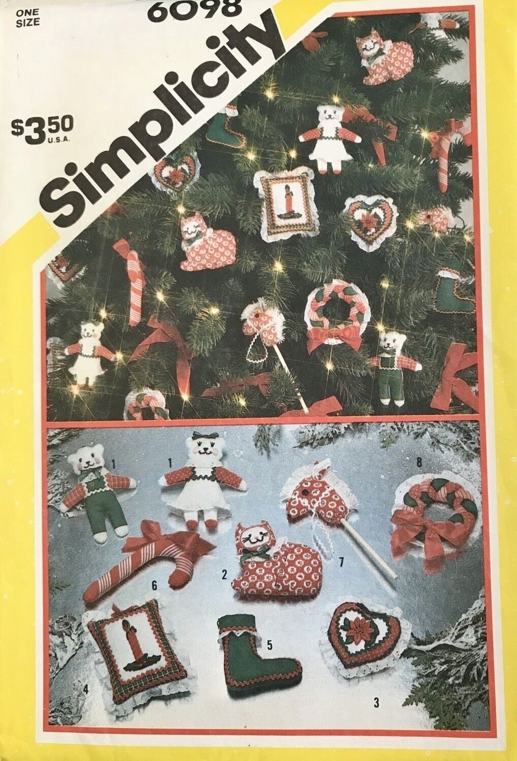 Vtg 1980\'s Simplicity Pattern 6098 Stuffed Fabric Christmas Tree Ornaments Uncut