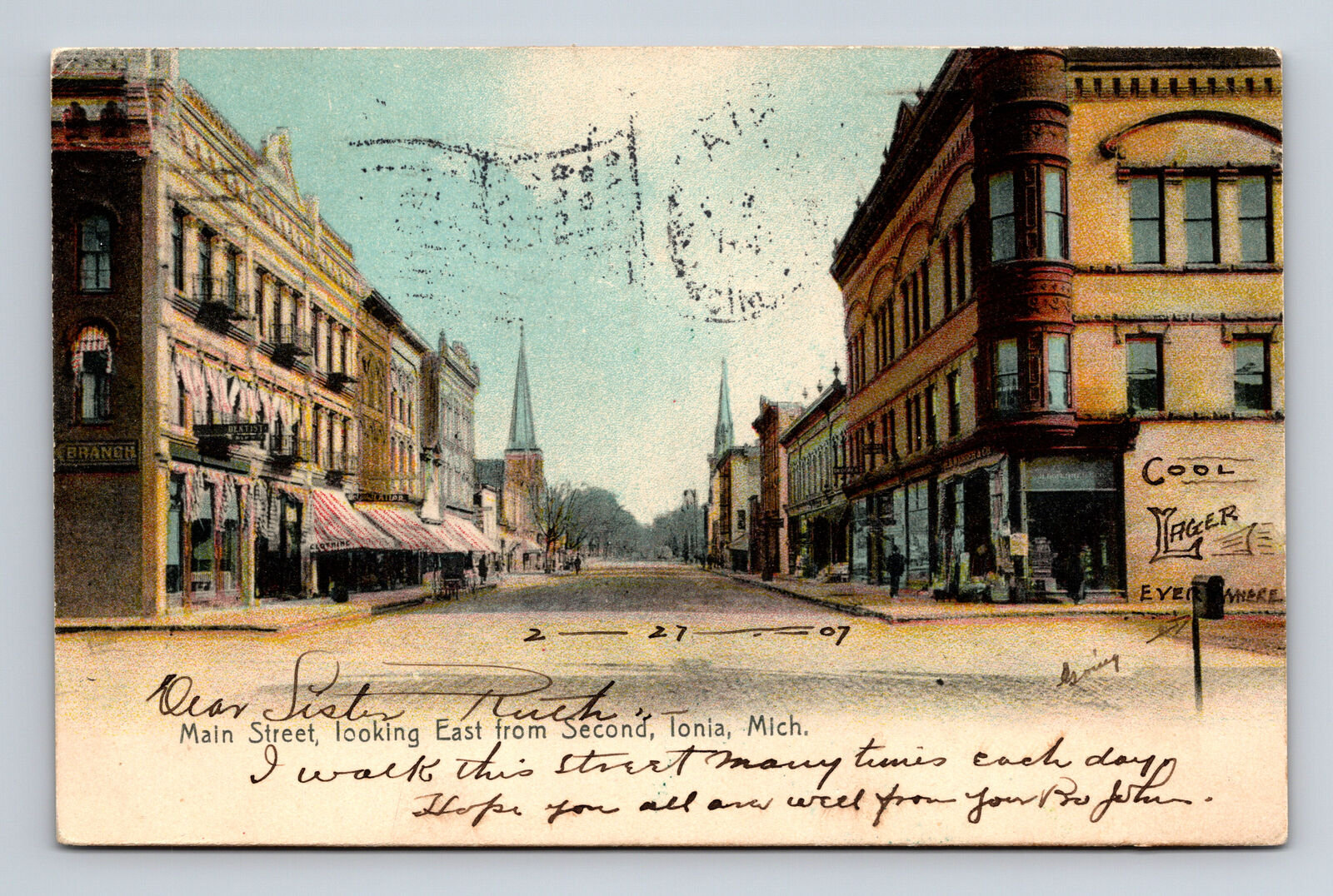 c1907 Ionia Michigan MI Main Street Looking East from Second Lager Postcard