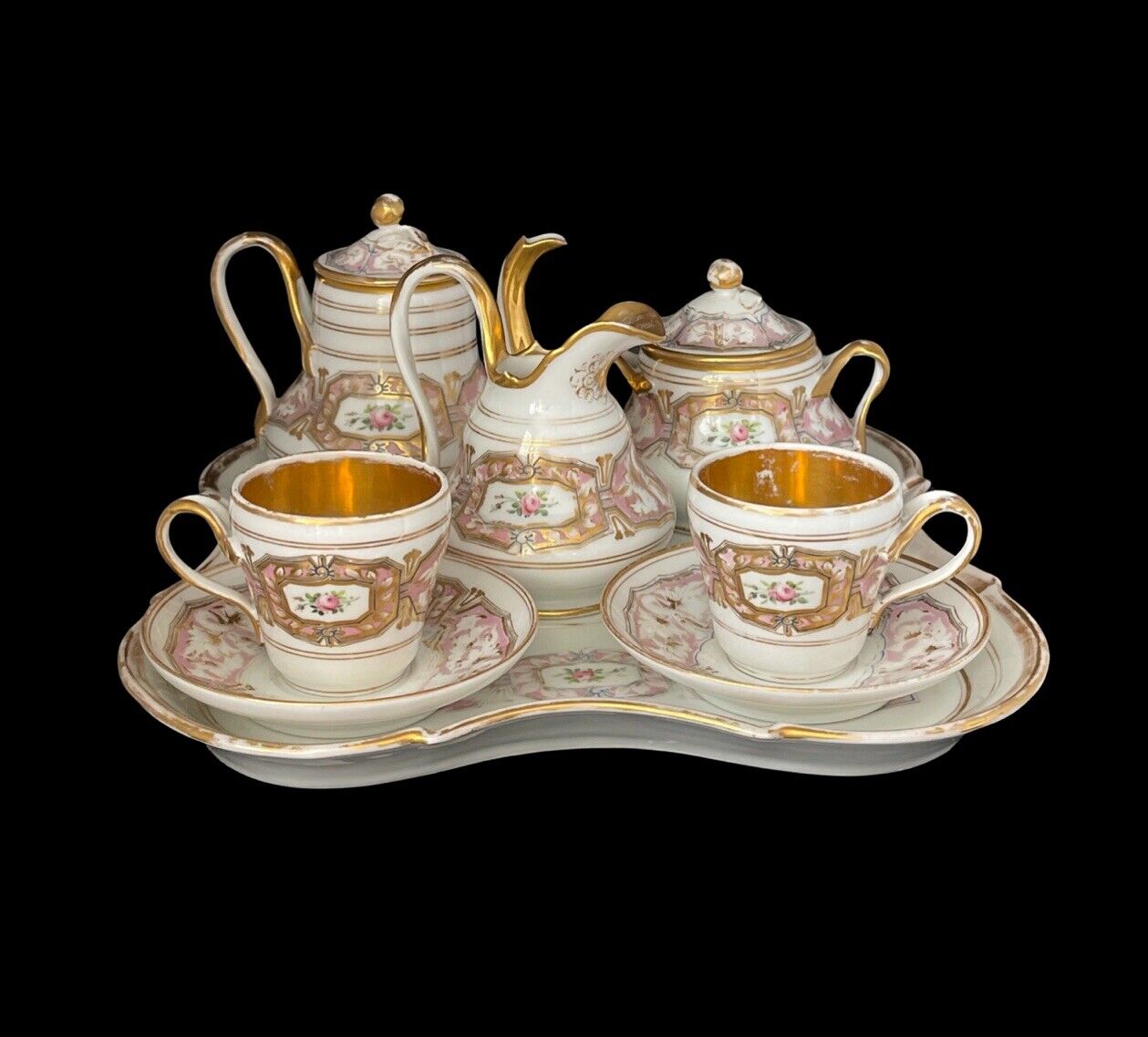 19thC. Porcelain Style Old Paris Empire Set Cof Cup & Saucer Gold Hand painted