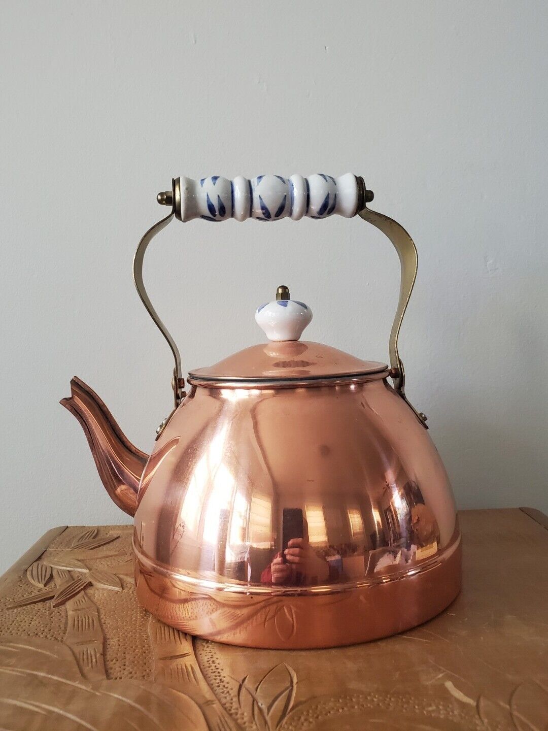 Solid Copper Tea Pot (Daewoo?) Porcelain Handle Nickel Plated Interior Vintage