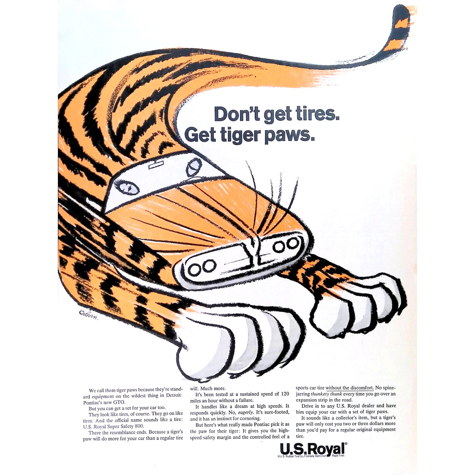 Tires 1961 Print Ad U.S. Royal Tire Don\'t Get Tires, Get Tiger Paws 11x14