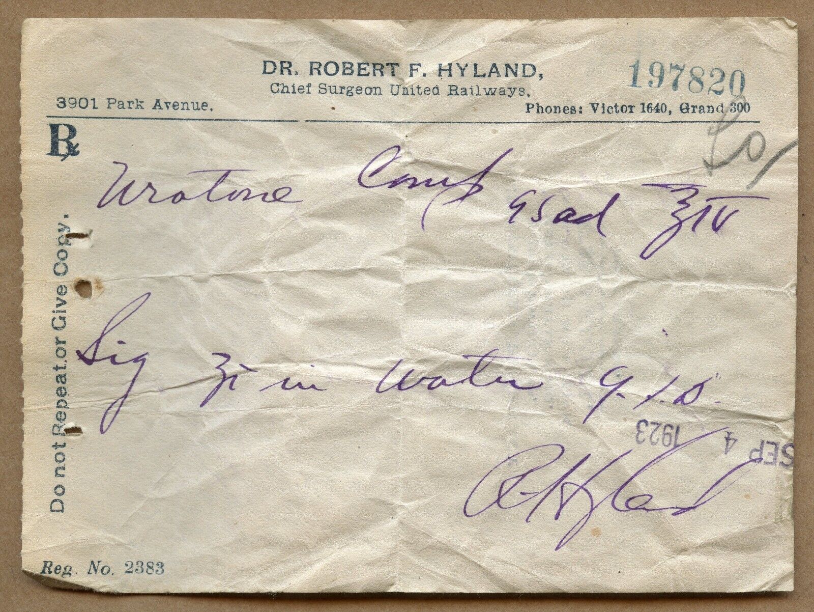 1923 prescription written by Dr Robert F Hyland MLB St Louis Cardinals / Browns