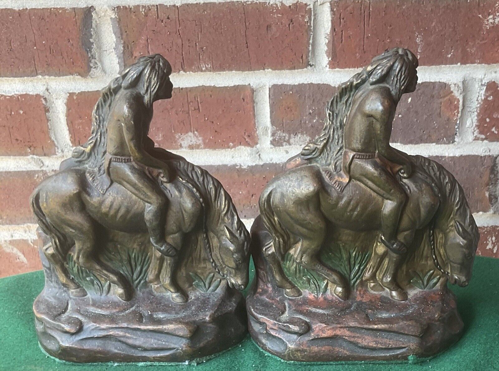 vintage Armor Bronze Native American Indian bookends, painted, c.1920, John Ruhl