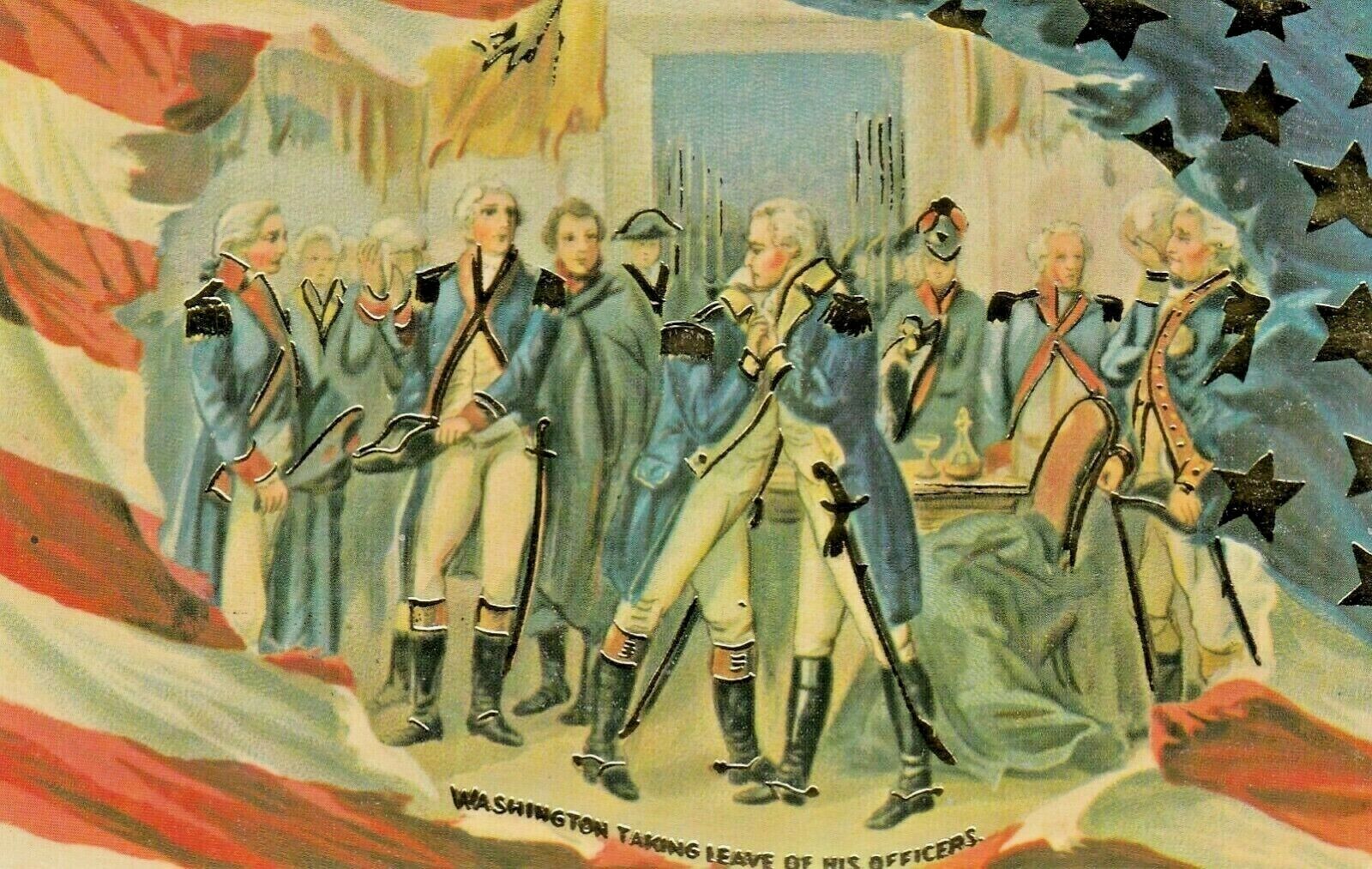 Reproduction Patriotic Postcard WASHINGTON TAKING LEAVE OF HIS OFFICERS 