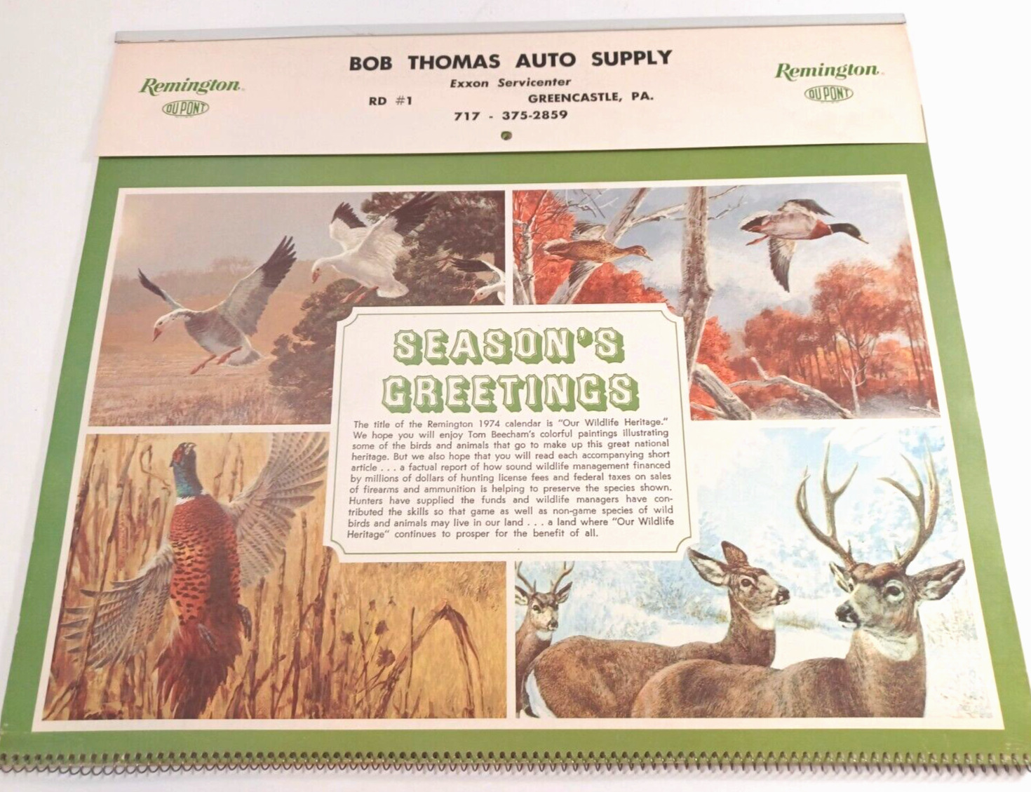Vintage Advertising Calendar 1974 Remington Wildlife Bob Thomas Greencastle PA