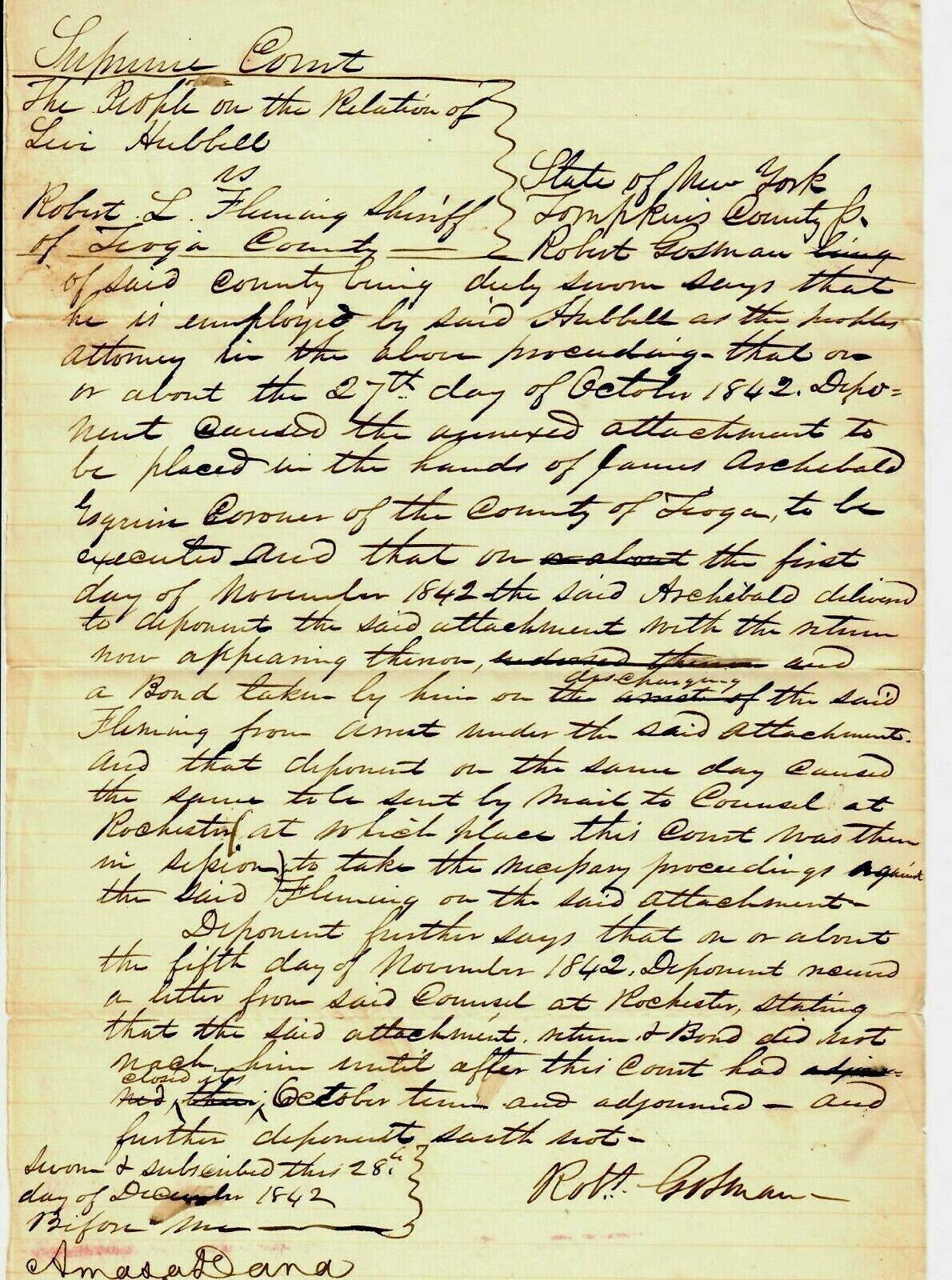 “New York Congressman” Amasa Dana Hand Written Legal Document Dated 1842