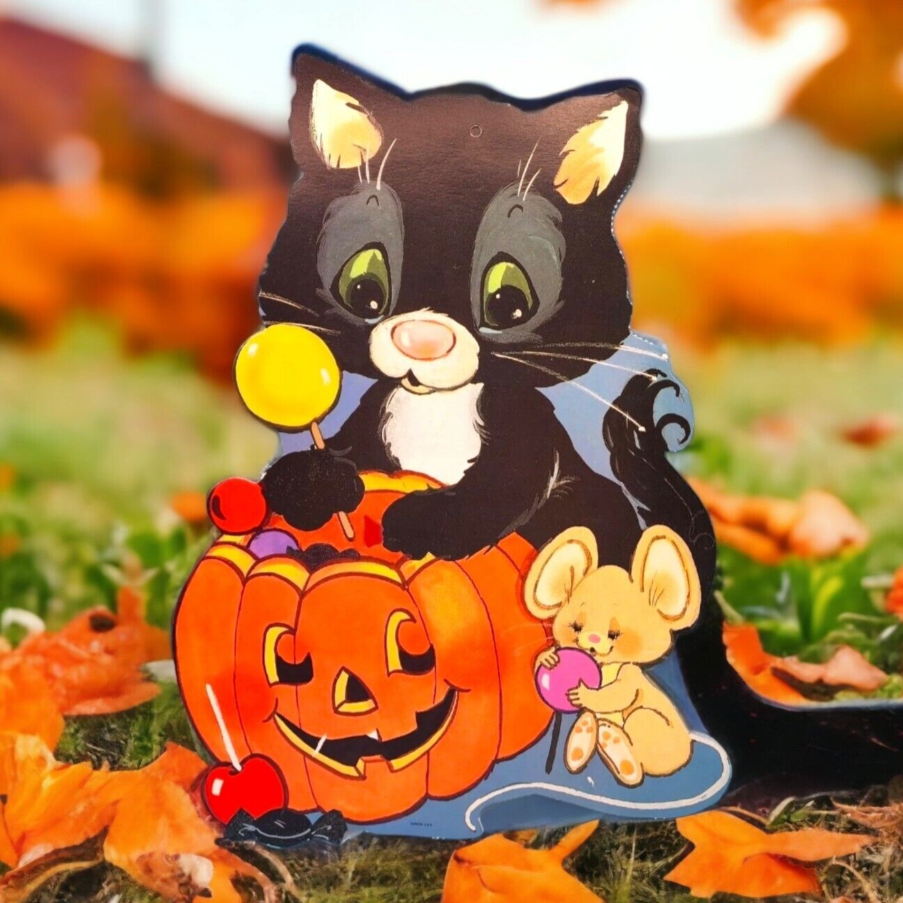 Vintage Halloween Eureka Diecut Black Cat Pumpkin Mouse Double Sided