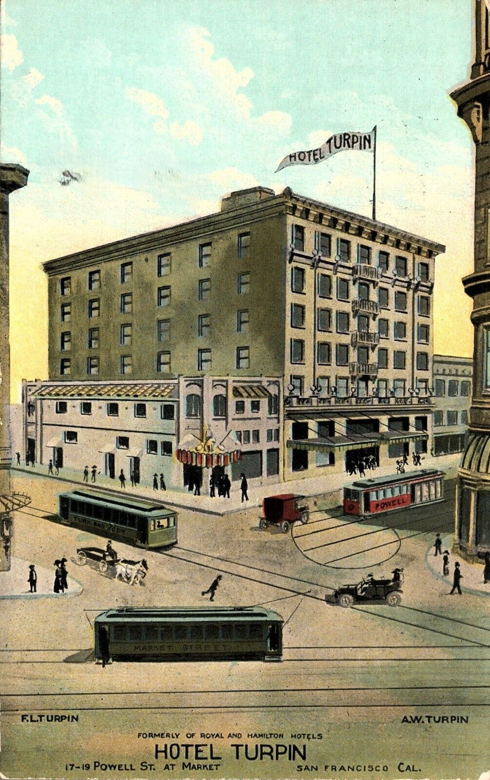 SAN FRANCISCO POSTCARD - HOTEL TURPIN 17-19 POWELL ST AT MARKET - TROLLEYS 1912