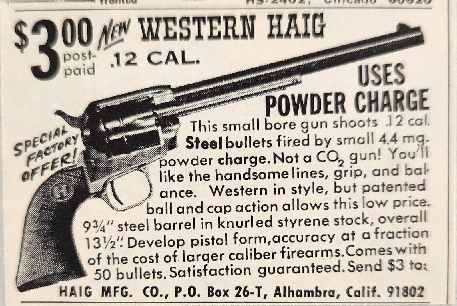 1968 Print Ad Western Haig .12 Caliber Revolver Powder Charge Alhambra,CA