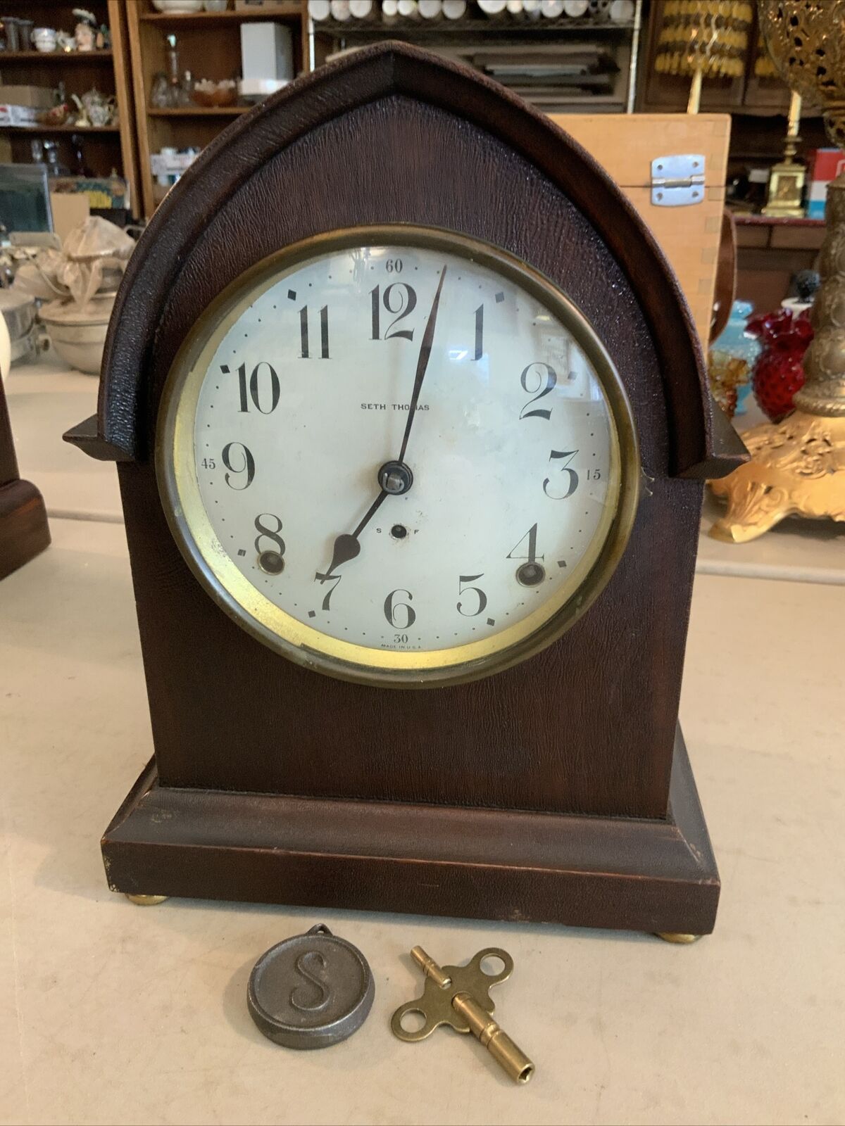 Vintage Antique Seth Thomas Mantel Clock Model 89 Movement With Pendulum & Key