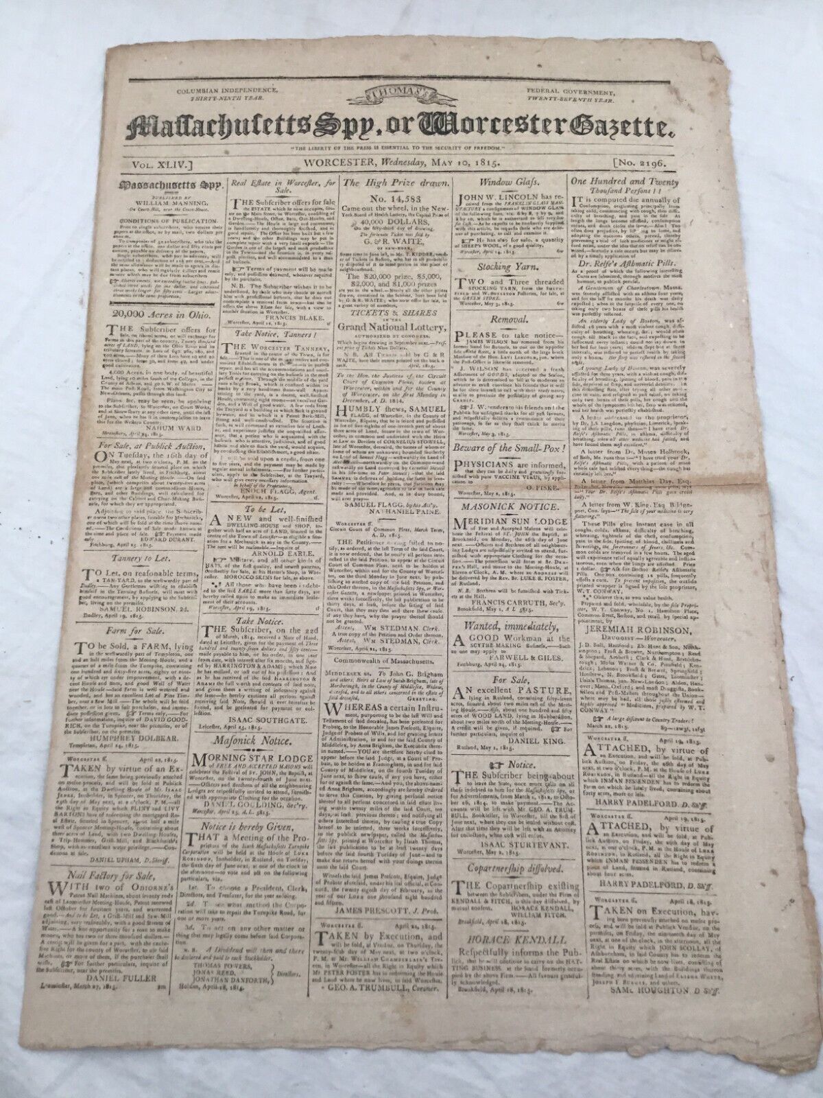 Massachusetts Spy or Worceser Gazette May 17th 1815 Vintage Newspaper Antique