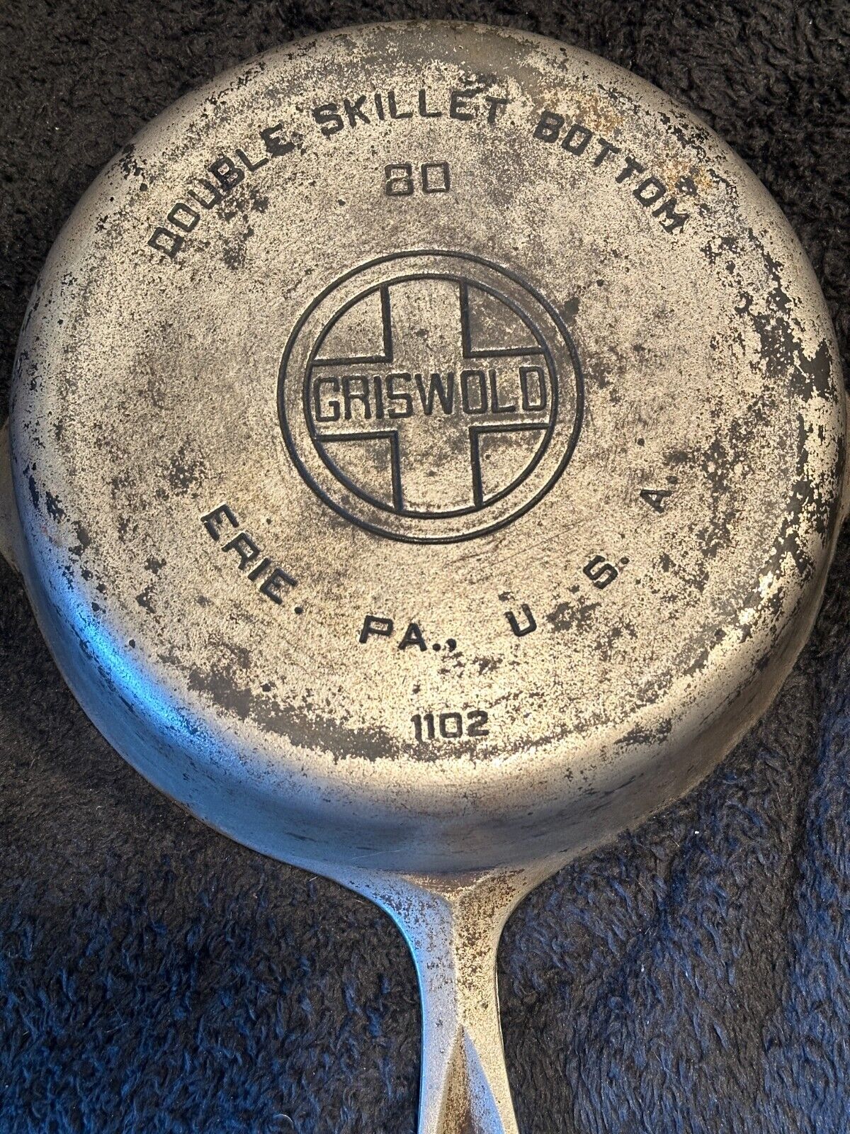 Vintage Griswold Cast Iron Double Skillet Bottom 1102 #80 10.5 Plated Block Logo