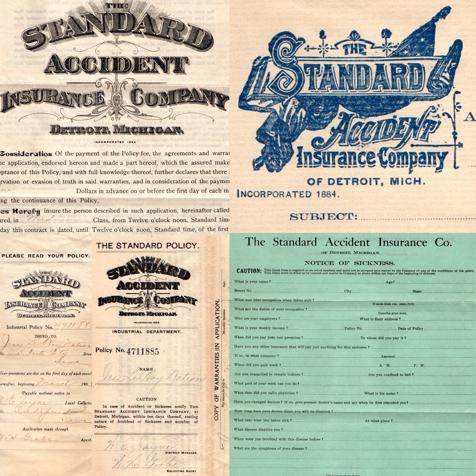 1909 Detroit Standard Accident Insurance Industrial Policy La Porte City Farm 5Q